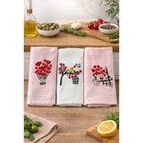 Mulberry 3’lü Nakışlı Waffle Mutfak Havlusu 40X60 cm – Süper Emici & Yumuşak - 40 x 60 cm - Pembe