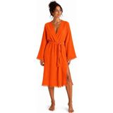 Mulberry Bohemia Müslin Kimono Bornoz – Püskül Detaylı Yırtmaçlı Spa & Plaj Kimonosu - L - XL - Turuncu
