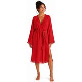 Mulberry Bohemia Müslin Kimono Bornoz – Püskül Detaylı Yırtmaçlı Spa & Plaj Kimonosu - S - M - Kırmızı