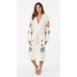 Mulberry Kadın Müslin Plaj Kimonosu Kapüşonlu %100 Pamuk Baskılı Yazlık Kimono Bornoz - L - XL - Krem