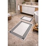 Mulberry Modern Çizgili Çerçeve Banyo Paspası Kaydırmaz Tabanlı Yumuşak 2’li Set Beyaz