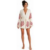 Mulberry Sedna Kadın Ekru Müslin Kimono Bornoz – Kuşaklı, Püskül Detaylı, Oversize Rahat Kesim Plaj & Ev Giyim - Kırmızı - Mercan - S - M