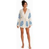 Mulberry Sedna Kadın Ekru Müslin Kimono Bornoz – Kuşaklı, Püskül Detaylı, Oversize Rahat Kesim Plaj & Ev Giyim - Mavi - 2XL