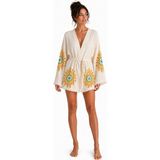 Mulberry Sedna Kadın Ekru Müslin Kimono Bornoz – Kuşaklı, Püskül Detaylı, Oversize Rahat Kesim Plaj & Ev Giyim - Sarı - S - M