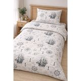 Mulberry Tek Kişilik Ranforce Nevresim Takımı Marin Desenli %100 Pamuk Yumuşak Dokulu - Beyaz - Mavi - 160 x 220 cm