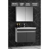 Multi Series 80 cm Beyaz Antrasit Gri Mat Asma Banyo Dolabı Takımı - Seramik Lavabolu Aynalı Banyo Dolap Seti