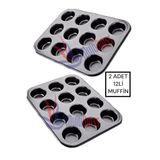 Multiamo 12 Bölmeli Muffin Kek Kalıbı, 2'li Set, Yanmaz Yapışmaz, Gri