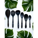 Multiamo İvory Isıya Dayanıklı Silikon Kevgir Kepçe Spatula Kaşık Seti (30-28-22-20 Cm) 6 Parça - Siyah