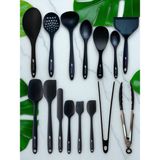Multiamo İvory Isıya Dayanıklı Silikon Maşa Kevgir Kepçe Spatula Kaşık Seti (30-28-22-20 Cm) 15 Parça - Siyah