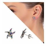Multicolor Zirkon Taşlı Deniz Yıldızı Tasarım 925 Ayar Gümüş Kadın Küpe