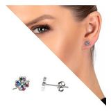 Multicolor Zirkon Taşlı Yonca Yaprağı Tasarım 925 Ayar Gümüş Kadın Küpe