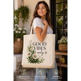 MultiTrendy Good Vibes Baskılı Ham Bez Çanta 40x50x10 cm Körüklü Büyük Boy Omuz Çantası Kanvas Bez Tote Bag