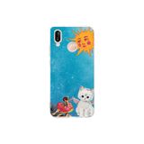 Multitronic Huawei P20 Lite ile Uyumlu Güneşli Peri ve Melek Kedi Desenli Şeffaf Telefon Kılıfı