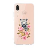 Multitronic Huawei P20 Lite ile Uyumlu Leopar ve Pembe Gül Desenli Şeffaf Telefon Kılıfı