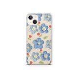 Multitronic iPhone 13 Mini ile Uyumlu Mavi Yağlı Boya Çiçek Desenli Şeffaf Telefon Kılıfı