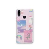 Multitronic Samsung Galaxy A10s ile Uyumlu Pastel Çiçekli Ay ve Gökkuşağı Desenli Şeffaf Telefon Kılıfı