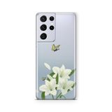 Multitronic Samsung Galaxy S21 Ultra ile Uyumlu Beyaz Zambak Desenli Şeffaf Telefon Kılıfı