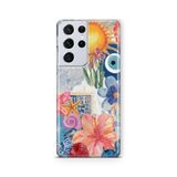 Multitronic Samsung Galaxy S21 Ultra ile Uyumlu, Güneş Çiçekleri ve Nazar Boncuğu Desenli, Şeffaf Telefon Kılıfı