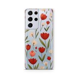 Multitronic Samsung Galaxy S21 Ultra ile Uyumlu Kırmızı Lale Desenli Şeffaf Telefon Kılıfı