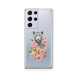 Multitronic Samsung Galaxy S21 Ultra ile Uyumlu Leopar ve Pembe Gül Desenli Şeffaf Telefon Kılıfı