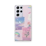 Multitronic Samsung Galaxy S21 Ultra ile Uyumlu Pastel Çiçekli Ay ve Gökkuşağı Desenli Şeffaf Telefon Kılıfı