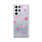 Multitronic Samsung Galaxy S21 Ultra ile Uyumlu, Pembe Deniz Tema Desenli, Şeffaf Telefon Kılıfı