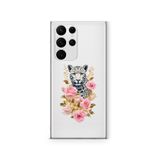 Multitronic Samsung Galaxy S22 Ultra ile Uyumlu Leopar ve Pembe Gül Desenli Şeffaf Telefon Kılıfı