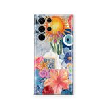 Multitronic Samsung Galaxy S23 Ultra ile Uyumlu, Güneş Çiçekleri ve Nazar Boncuğu Desenli, Şeffaf Telefon Kılıfı