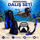 Multizone Profesyonel Dalış Şnorkel Seti Yüzme Maskesi Ayarlanabilir Palet Takımı Deniz Havuz Gözlüğü Su Altı Çantalı Keşif Seti S-M, L-Xl Beden - Mavi - L - XL