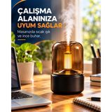 Mum Alevi Efektli Aroma Difüzör Dekoratif Hava Nemlendirici Sıcak Işıklı Dokunmatik Tuşlu Masaüstü Buhar Makinesi Siyah
