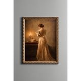 Mum Işığında Okuyan Kadın – Vintage Desenli Çerçeve – İnce Model, Altın2, 21 x 30, 5820000007949