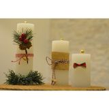 Mument Yılbaşı Temalı Dekoratif Silindir Mum Seti (3’lü) – 10CM / 15CM / 20CM – Uzun Yanış Süreli - Beyaz