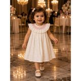 Mummys Love Kız Çocuk Yakası Gipe Detaylı Çiçekli Elbise - %100 Doğal Pamuk - Ekru - 18 Ay