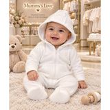 Mummys Love Unısex Bebek Patikli Tulum - Triko Detaylı - %100 Doğal Pamuk Yıkanmış Kumaş - Beyaz - 3 - 6 Ay