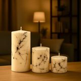Mumy Design 3'lü Kütük Silindir Set Mum Mermer Desenli Vanilya Kokulu 7 Çap Boylar 5-9-15 cm - Krem