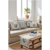 MUN HOME Majolika Limon Çiçek Desen Lacivert Bej Gri 4 Kırlent Kılıfı 1 Runner 5'li SET Kırlent Kılıfı Takımı. Masa Takımı Çift Taraflı Kırlent KILIFI Dijital Baskı