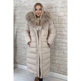 Muna Boutique Ithal Yakası Kürklü Bej Uzun Kadın Şişme Mont
