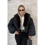 Muna Boutique Ithal Yakası Kürklü Crop Siyah Şişme Mont - S - M