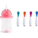 Munchkin Tıklama Kilitli Uçlu Pipetli Alıştırma Bardağı, 12AY+, 296ML, Pembe ve Isı Göstergeli Yumuşak Uçlu Bebek Kaşıkları 2li Set