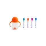 Munchkin Tıklama Kilitli Uçlu Pipetli Alıştırma Bardağı, 6AY+, 207ML, Turuncu ve Isı Göstergeli Yumuşak Uçlu Bebek Kaşıkları 2li Set