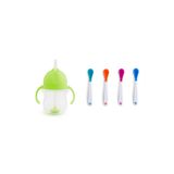 Munchkin Tıklama Kilitli Uçlu Pipetli Alıştırma Bardağı, 6AY+, 207ML, Yeşil ve Isı Göstergeli Yumuşak Uçlu Bebek Kaşıkları 2li Set