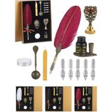 Munico Lüks Vintage Tüy Quill Dip Kaligrafi Dolma Kalem Yazı Mürekkebi 5 Uçları Set Kırtasiye Hediyelik Set