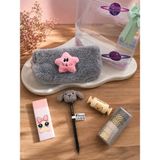 Munis Sevimli Yıldız Temalı Kırtasiye Seti / Peluş Kalem Kutusu, Hb Kalem, Silgi, Washi Bantlar, Kalemtraş - Gri - Pembe