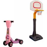 Mupark Çocuk 4 Tekerlekli Scooter ve Ayarlanabilir Basketbol Potası Seti | Denge ve Spor Oyuncakları - Pembe