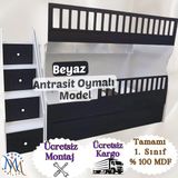 Mürsel Mobilya Beyaz Antrasit Oymalı Model Çocuk Ranzası - Antrasit - Beyaz - 90 x 190 cm
