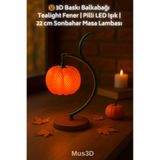 Mus3D 🎃 3D Baskı Balkabağı Tealight Fener | Pilli LED Işık | 22 cm Sonbahar Masa Lambası (Mus3D)