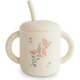 Mushie Pink Flowers Pipetli Silikon Alıştırma Bardağı 175 ml 6+ Ay Bebekler İçin BPA İçermeyen Tasarım - Beyaz - Pembe