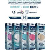 Musk KF94 Kore Tipi Ffp2 Maske 5 Renk 50 Adet (Lila, Beyaz, Turkuaz, Pembe, Krem) - Renkli