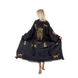 Müslin Kimono 100% Pamuklu Leopar Baskılı Desenli Bornoz Kaftan Sabahlık (Siyah, Standart)