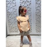 Müslin Yakası Fırfırlı Gömlek Keten Şort Kız Çocuk Alt Üst Takım - Bej - 2 Yaş